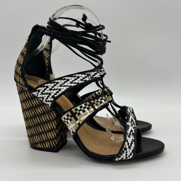 SCHUTZ Shoes - Schutz Woven Raffia Block Heel Lace-Up Strappy Sandals Black/White Sz 7